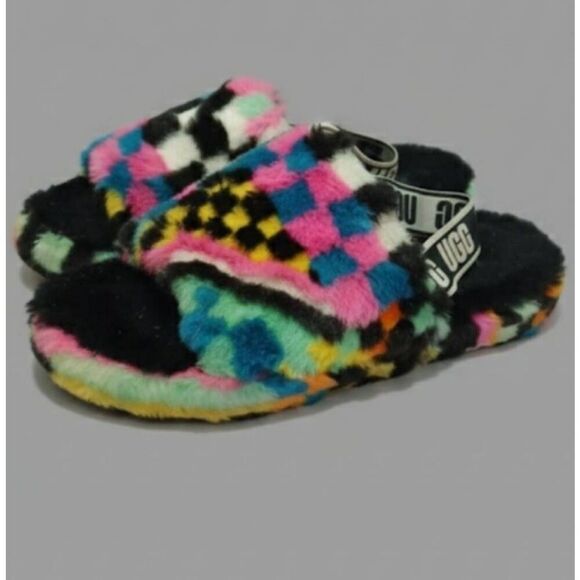 UGG Shoes - Uggs womens size 8 fluff yeah sandals checkered plaid pink slippers green